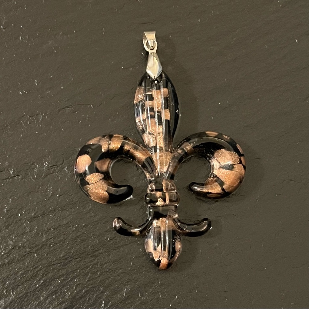 Fleur de Lis Glass Pendant Black Rose Gold Silver Bail
